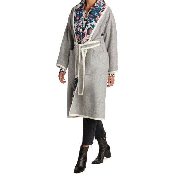 Tanya Taylor Coat Grey / Floral Reversible Cadence Floral Belted Coat Sz M/L NWT - Picture 2 of 15